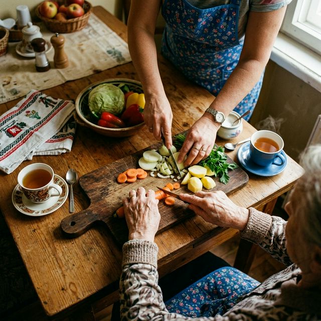 Widok z góry na kuchenny stół — ręce seniorki i opiekunki razem kroją warzywa, filiżanki herbaty obok