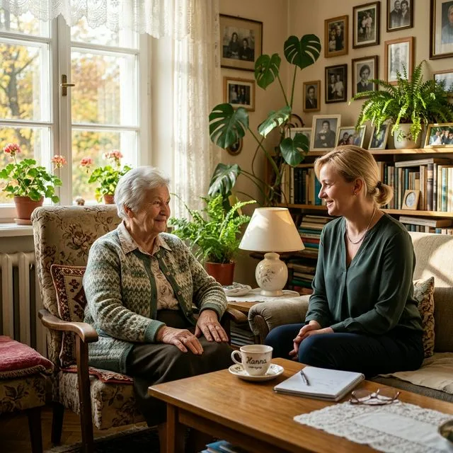 Prywatna opieka domowa nad seniorem w Poznaniu — opiekunka rozmawia z podopieczną w domowym salonie