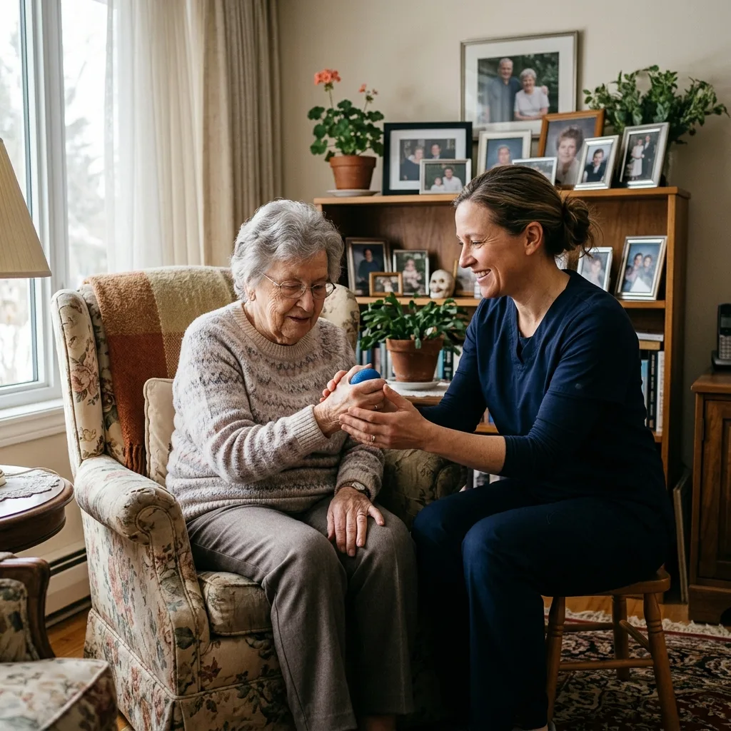 Opiekunka z jesiennie.pl prowadzi ćwiczenia rehabilitacyjne dłoni z seniorką po udarze we Wrocławiu