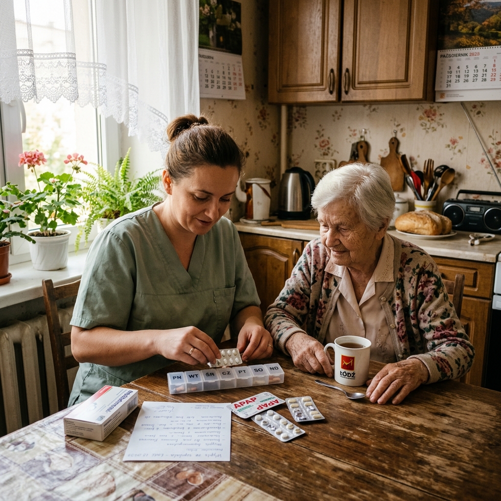 Opiekunka domowa i seniorka siedzą przy kuchennym stole w łódzkiej kamienicy — układanie leków po zawale do cotygodniowego organizera.
