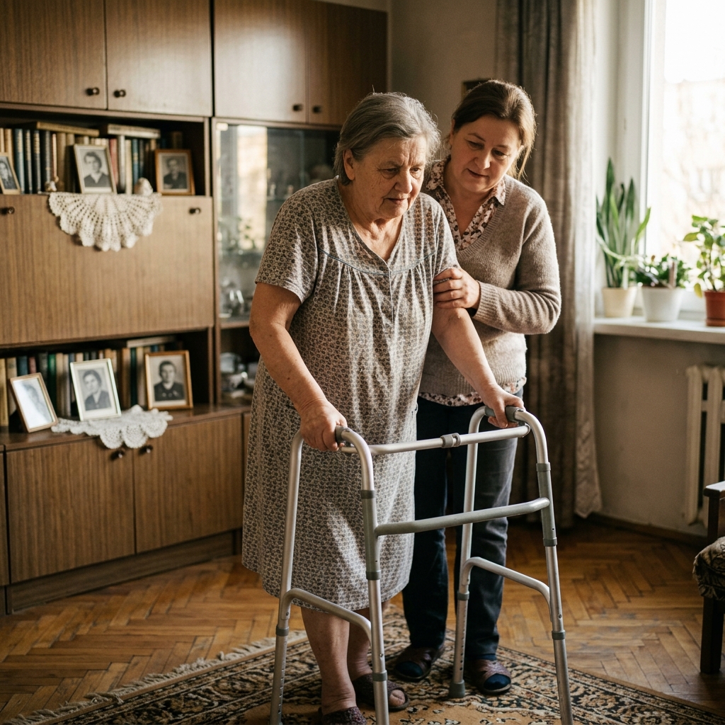 Opiekunka domowa z troską asekurująca od tyłu panią Hannę korzystającą z aluminiowego pionizatora (chodzika rehabilitacyjnego).