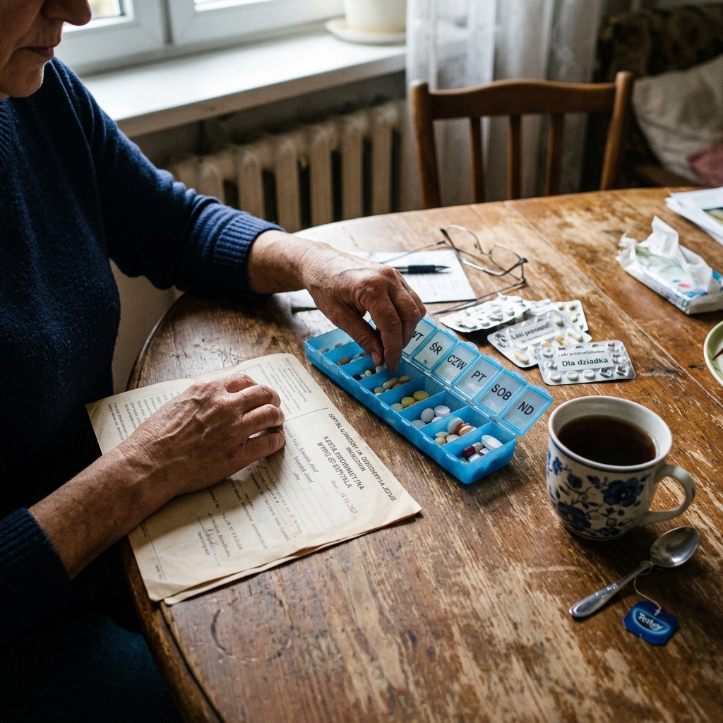 Dłonie opiekunki domowej sortujące nowe leki dla seniorki na podstawie szpitalnego wypisu na zniszczonym drewnianym blacie stołu.