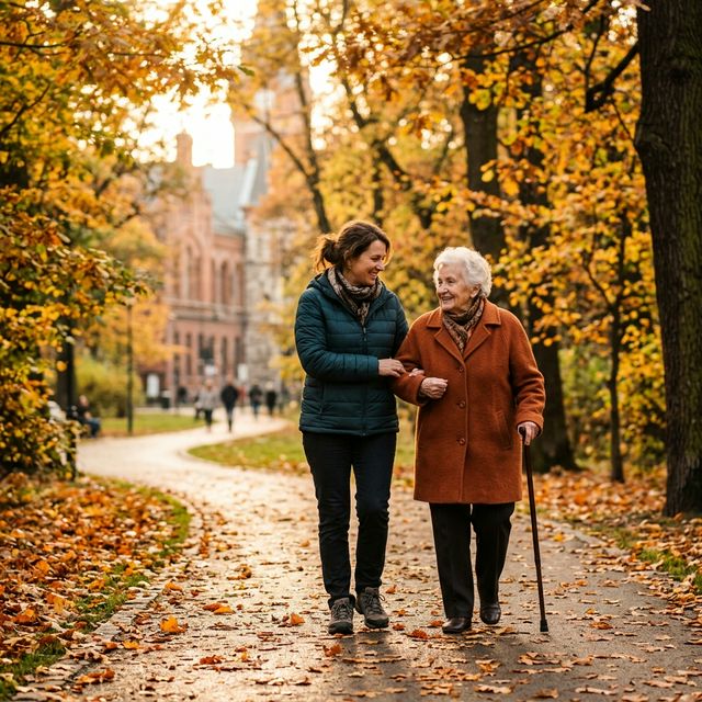 Seniorka na spacerze z opiekunką w parku w Łodzi — opieka domowa jesiennie.pl