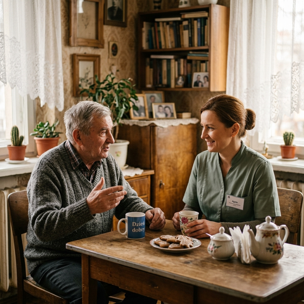 Opiekunka i pan Zygmunt — łódzki senior z Widzewa przy kuchennym stole, popołudniowa herbata i rozmowa.