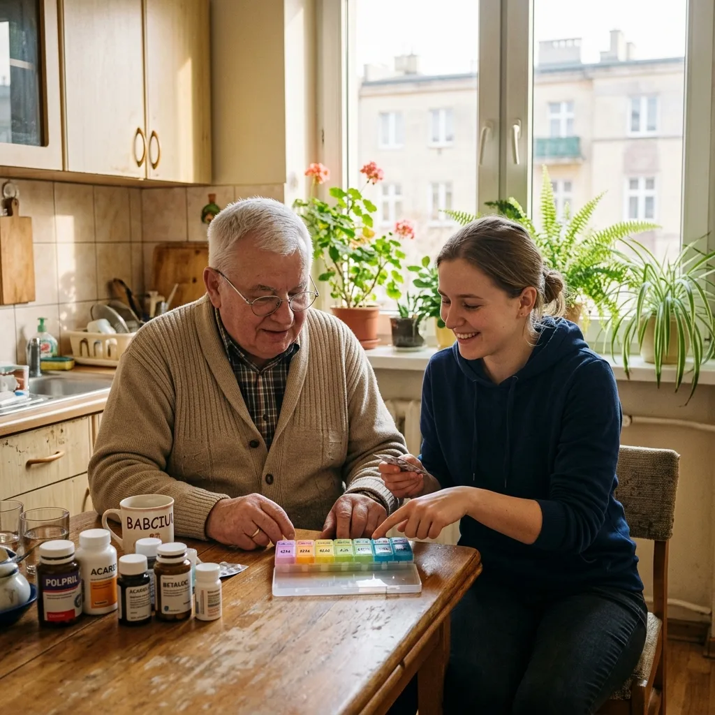 Opiekunka Joanna z jesiennie.pl pomaga panu Mieczysławowi z Łodzi segregować leki w tygodniowy organizer