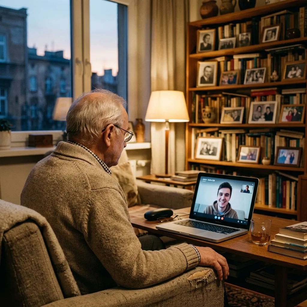 Pan Mieczysław z Łodzi podczas cotygodniowej wideorozmowy z synem Marcinem mieszkającym w Nowym Jorku