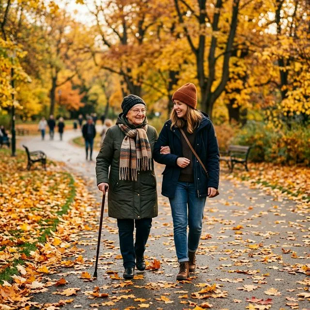Seniorka na spacerze z opiekunką w parku w Poznaniu — opieka domowa nad osobą starszą prywatnie