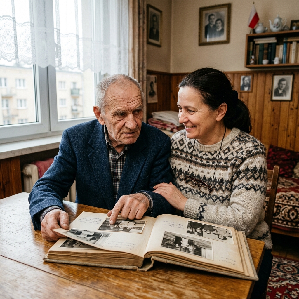 Opiekunka z szacunkiem ogląda ze starszym mężczyzną stary album ze zdjęciami poznanskich tramwajów.