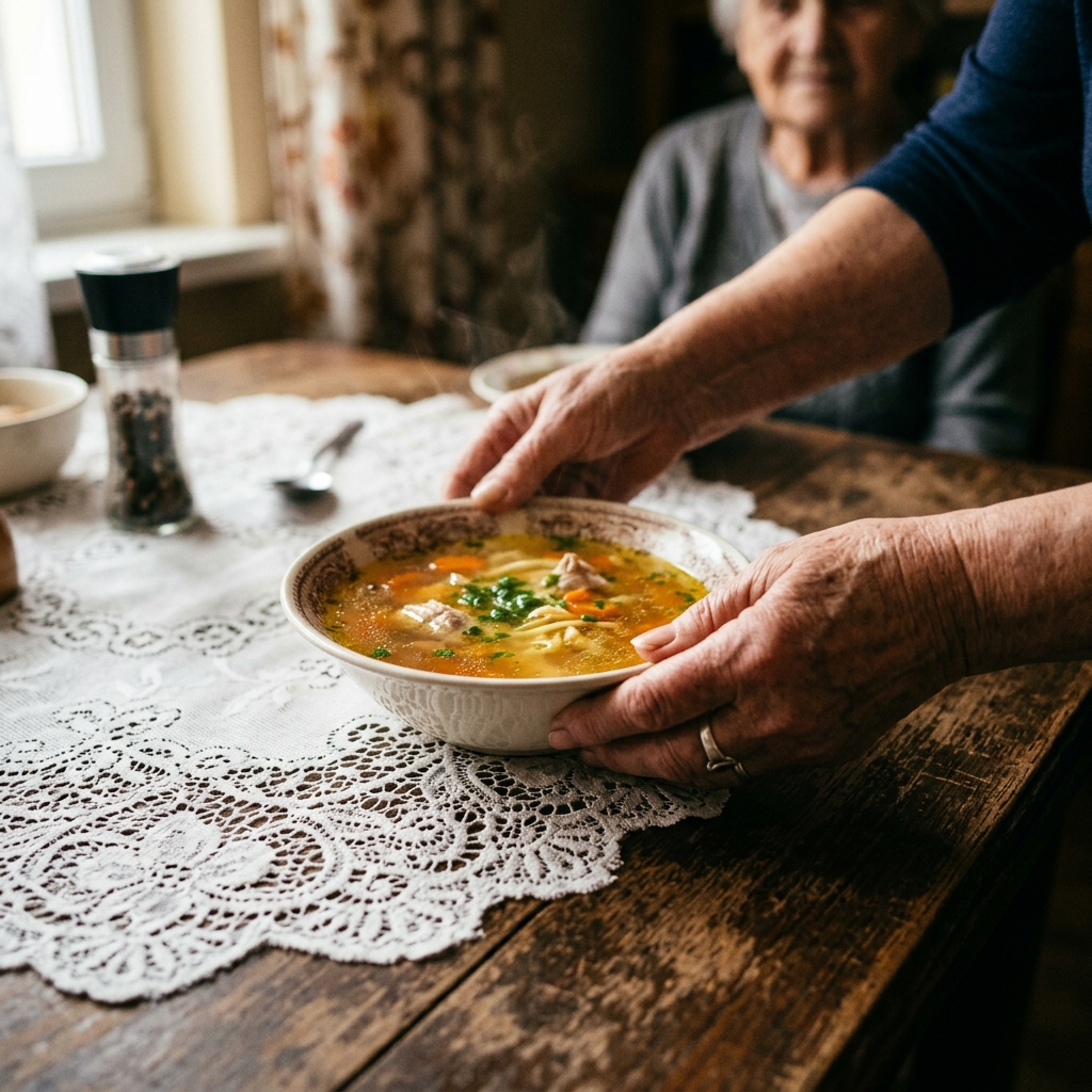 Opiekunka domowa stawia gorący domowy rosół na stole w starej willi na Grunwaldzie.