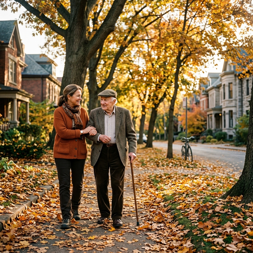 Opiekunka dyskretnie podtrzymuje pod łokieć starszego pana podczas spaceru po alejach Grunwaldu.