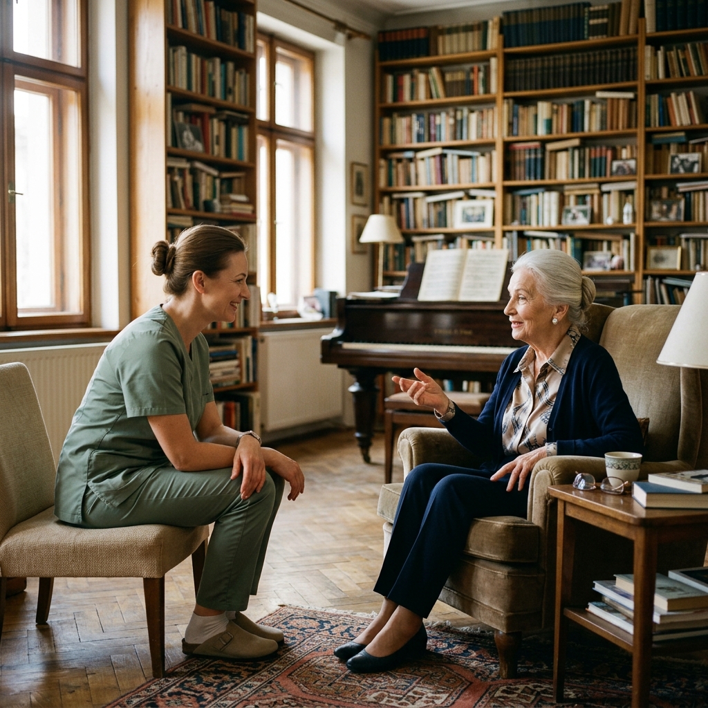 Opiekunka i pani profesor Zofia — rozmowa w salonie przy ścianie książek w kamienicy na poznańskich Jeżycach.
