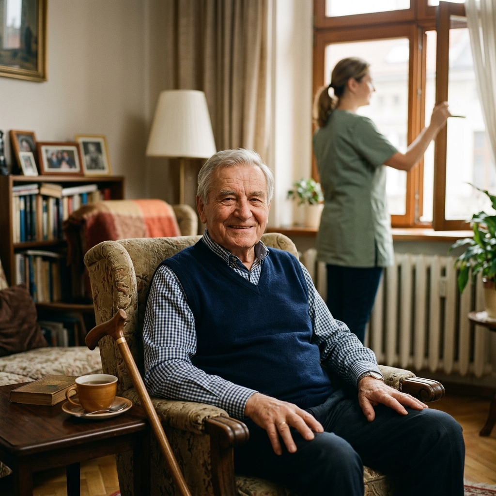 Pan Bogdan - senior na w łazarskim mieszkaniu wypoczywający na ciepłym, przytulnym fotelu, w tle opiekunka oprawiająca uchylanie okna celem dbania o wietrzenie mieszkania.