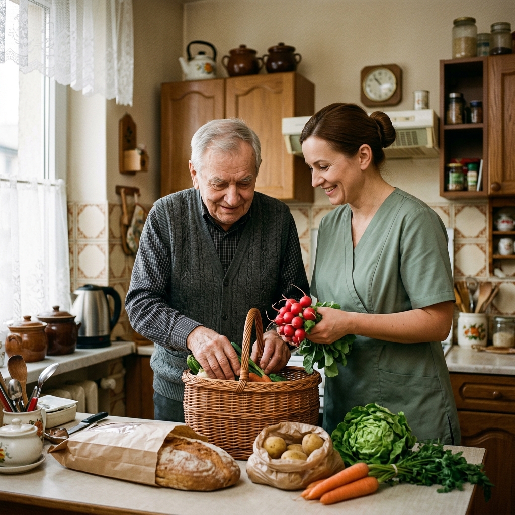 Senior na Łazarzu wraz z opiekunką rozpakowujący w ciasnej małej urokliwej kuchence pachnące zakupy (warzywa i nowalijki) z Rynku Łazarskiego.