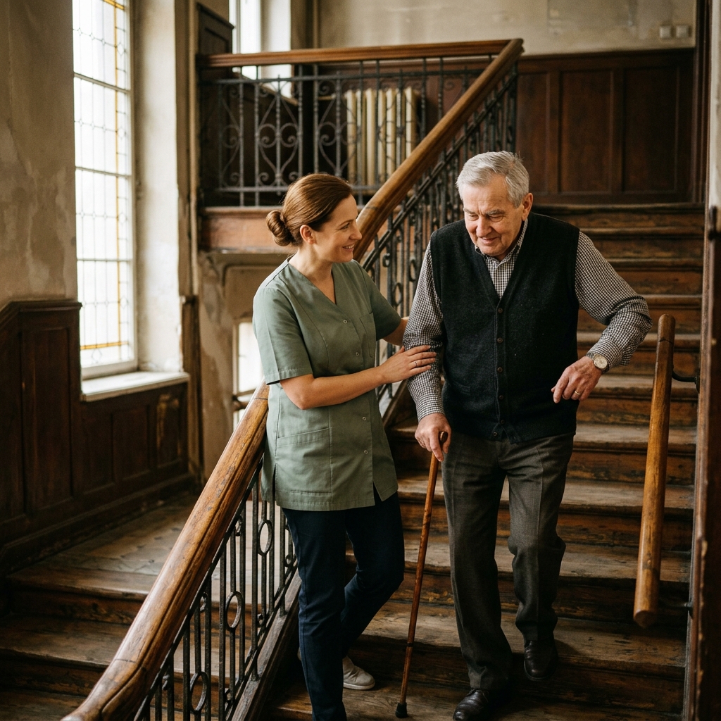 Opiekunka domowa z jesiennie.pl troskliwie układająca ramię w formie dającej wsparcie seniorowi w starciu ze stromymi drewnianymi schodami kamienicy na poznańskim Łazarzu.