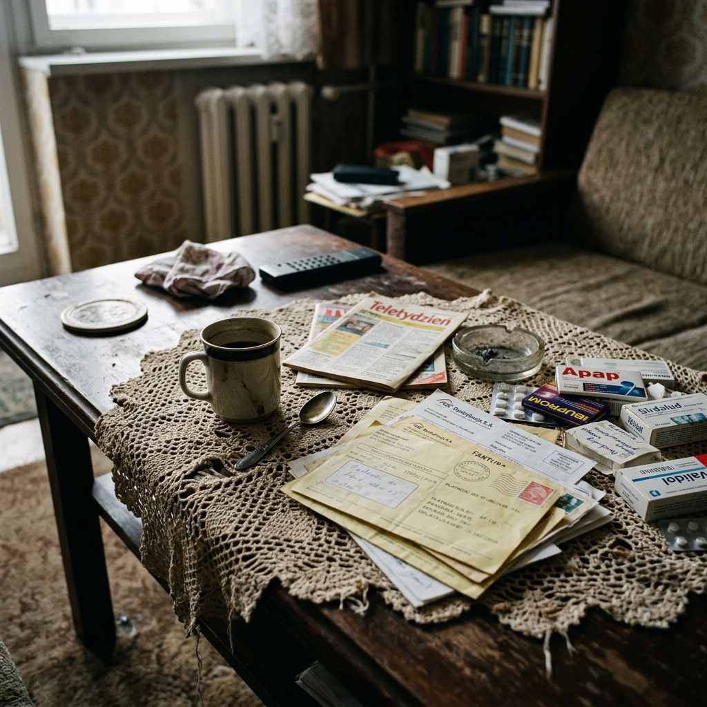 Bałagan na stole: zaległe pisma oraz leki kardiologiczne wymieszane z pozostałościami po jedzeniu.