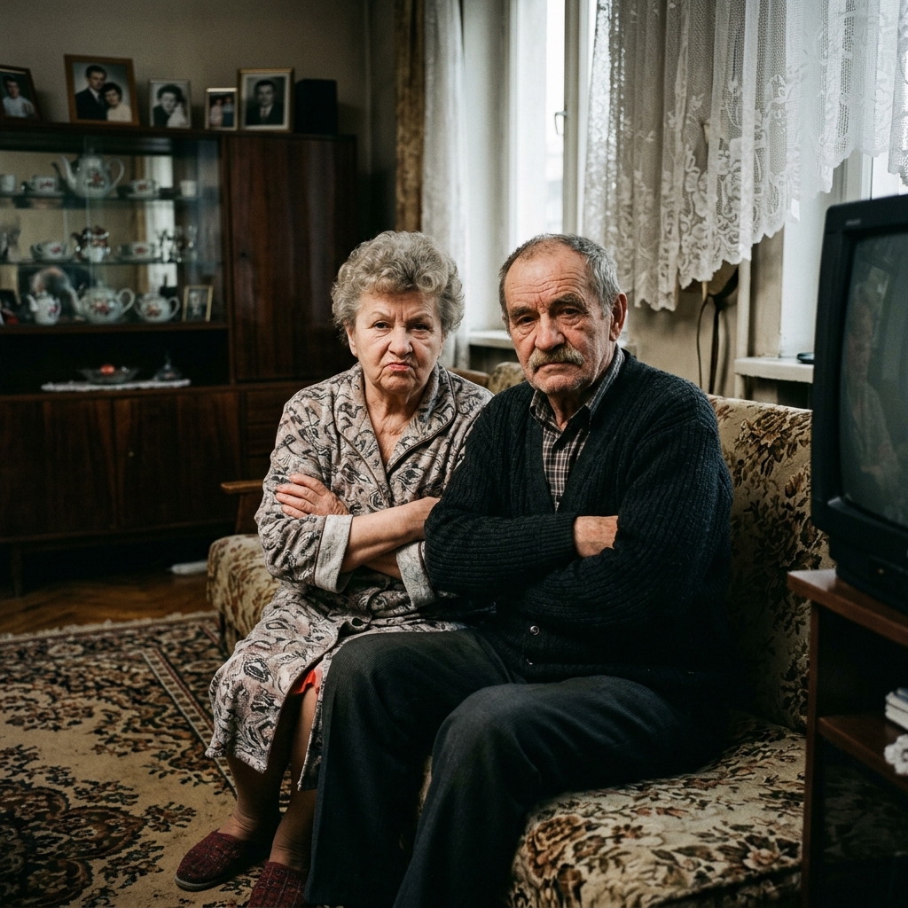 Starsze, nieufne małżeństwo siedzące w swoim starym mieszkaniu z wielkiej płyty.