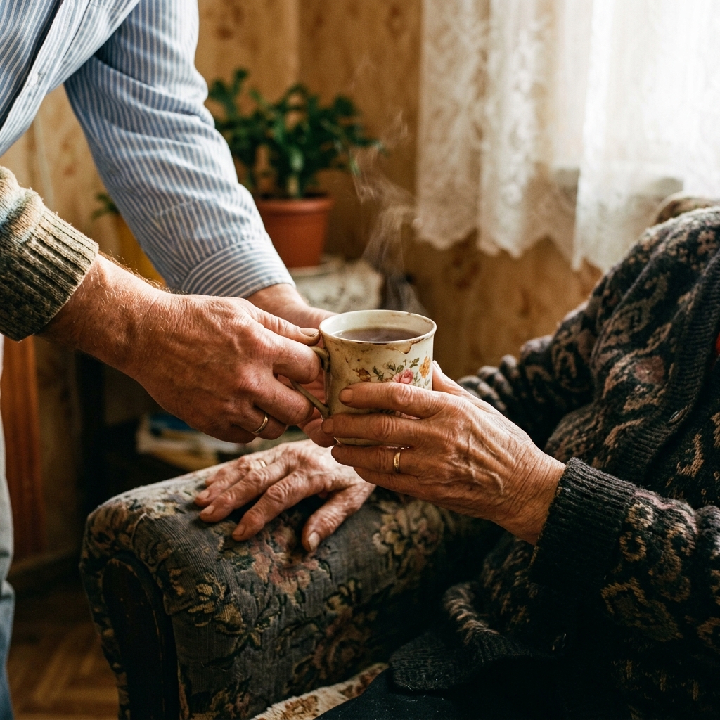 Opiekunka podaje zaparzoną ze starannością gorącą herbatę bezpośrednio na ręce uspokojonej, starszej kobiety.