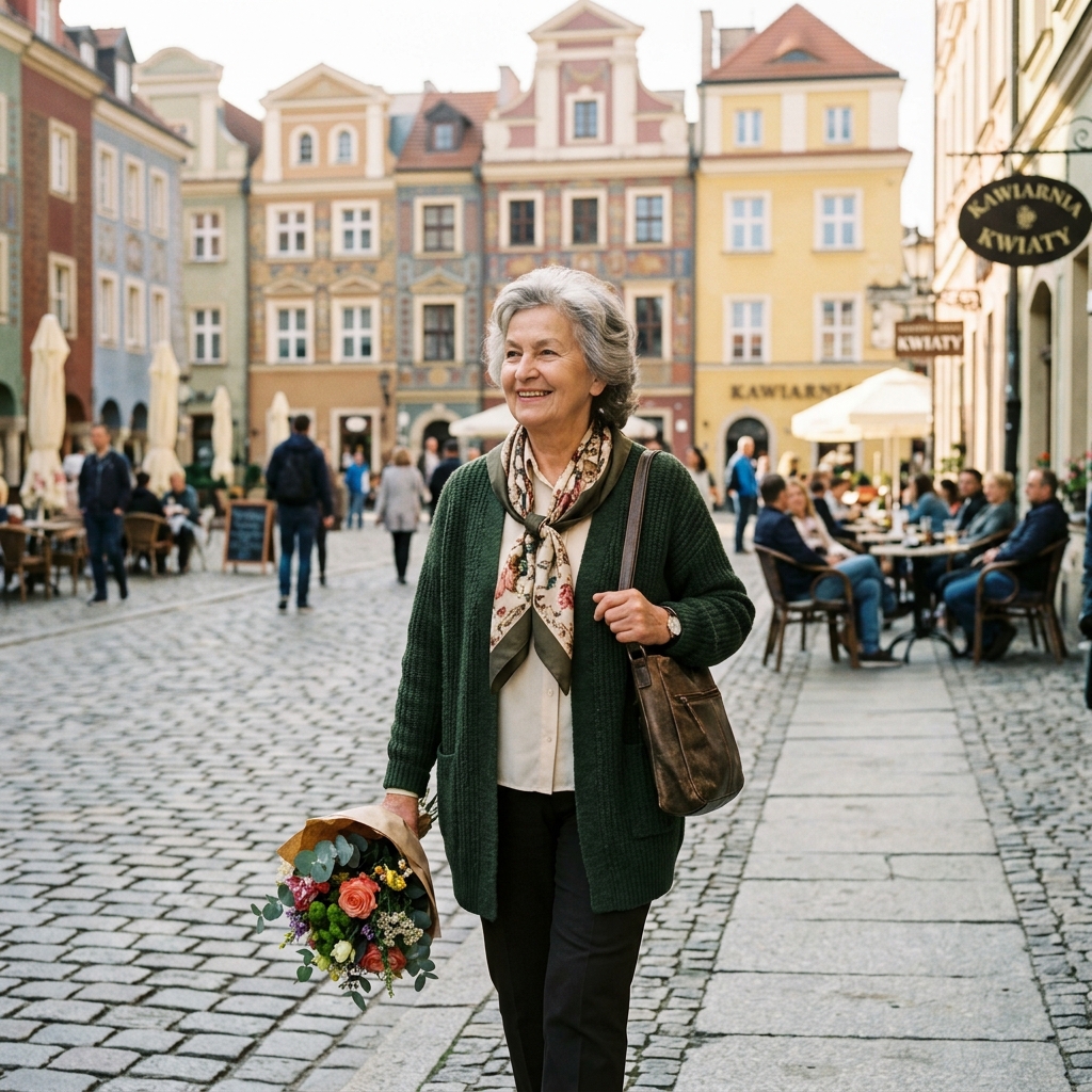 Elegancka starsza kobieta wracająca po odprężającym spacerze w słonecznym centrum na Starym Mieście w Poznaniu obok kolorowych straganów. W ręku trzyma mały uroczy wionek.