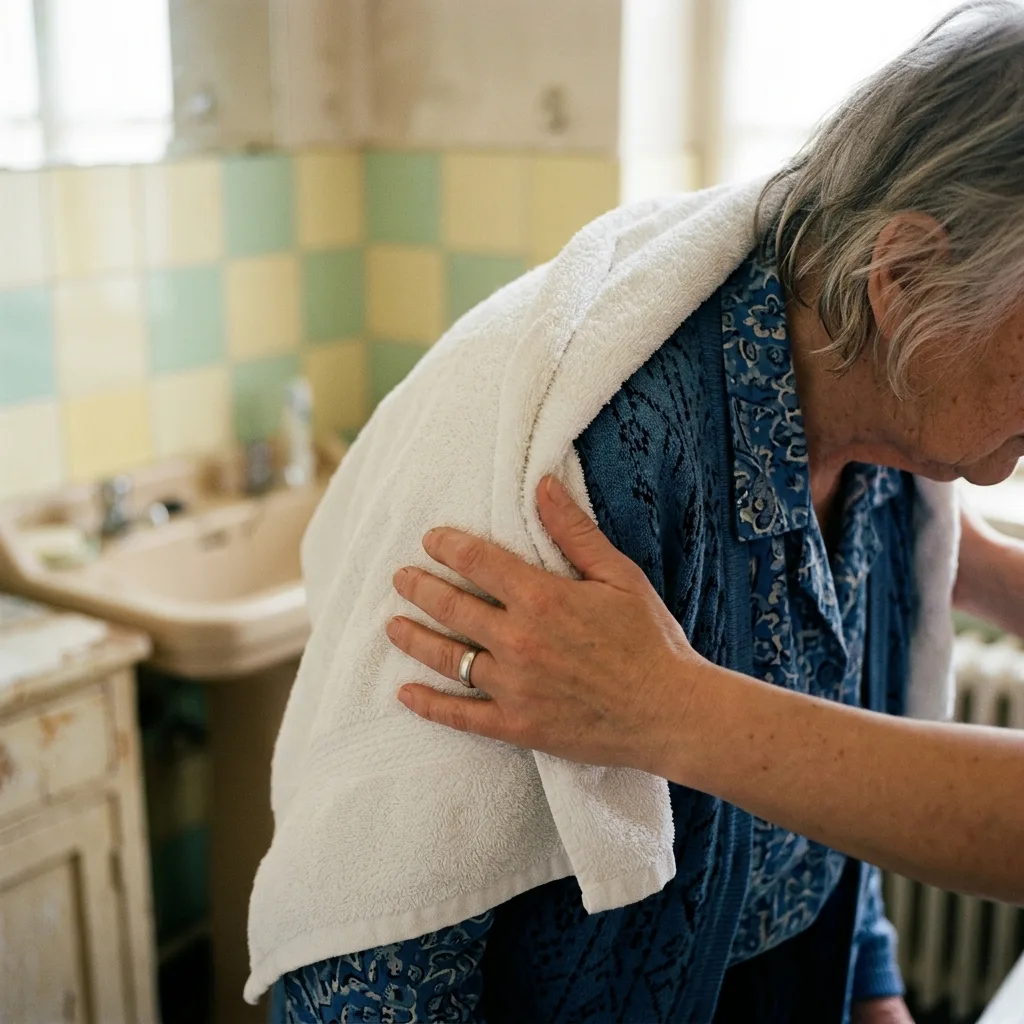 Dłonie opiekunki delikatnie owijające miękki biały ręcznik wokół ramion starszej kobiety po kąpieli w starej łazience z kolorowymi kafelkami.