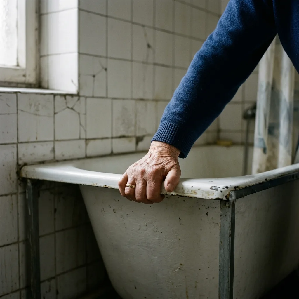 Pomarszczona dłoń starszej kobiety z obrączką zaciskająca się kurczowo na krawędzi starej emaliowanej wanny w łazience z pęknięciami na kafelkach.