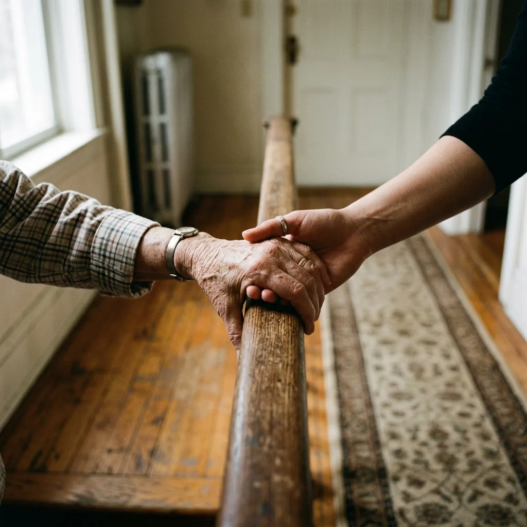 Dłonie opiekunki delikatnie podtrzymujące rękę starszej kobiety na drewnianej poręczy schodów w starej kamienicy.