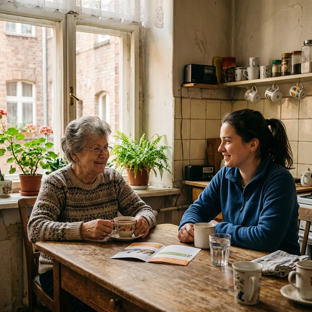 Starsza kobieta i opiekunka siedzą spokojnie przy kuchennym stole w starej kamienicy na Wildzie, obie trzymają filiżanki herbaty.