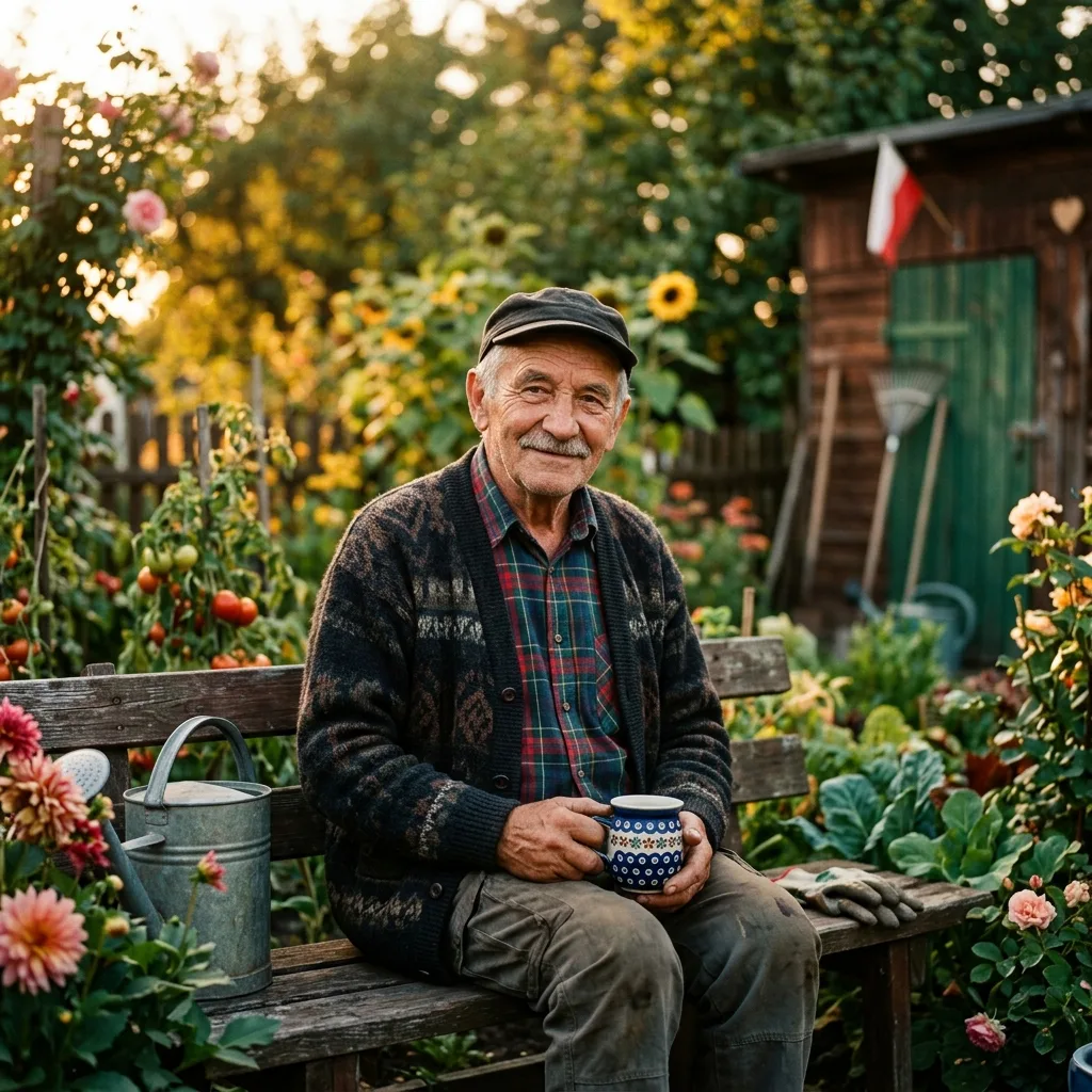 Elegancki, 82-letni senior w swoim ogrodzie na działce