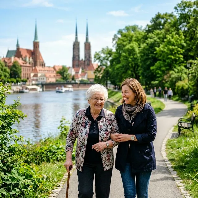 Seniorka na spacerze z opiekunką nad Odrą we Wrocławiu — prywatna opieka domowa nad osobą starszą