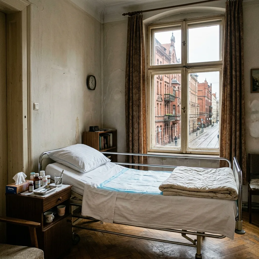 Szpitalne łóżko z białą pościelą i podkładem ustawione w pokoju starej kamienicy wrocławskiej, przez wysokie okno widać czerwonoceglaną pierzeję ulicy śródmiejskiej.